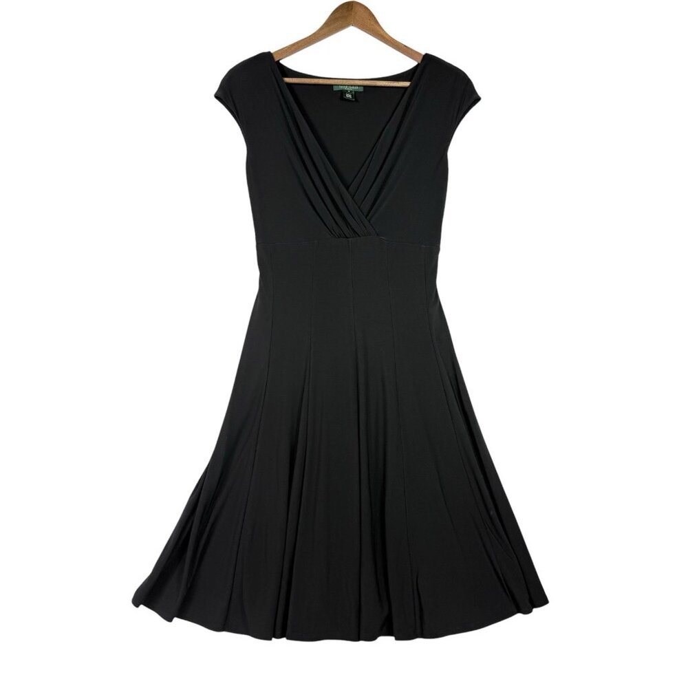 Lauren Ralph Lauren Black Faux Wrap V-Neck Dress Size 12 Stretch Classic